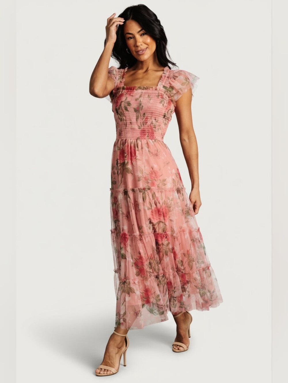 Baltic Born | Clementine Tulle Pink Rose Floral Midi Dress Size Medium